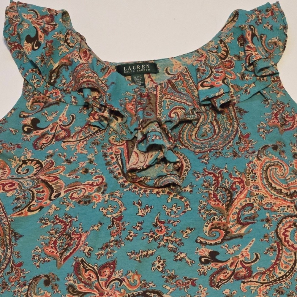 Lauren Ralph Lauren Paisley Ruffle Sleeveless Blouse XL Boho Cotton - Picture 6 of 9